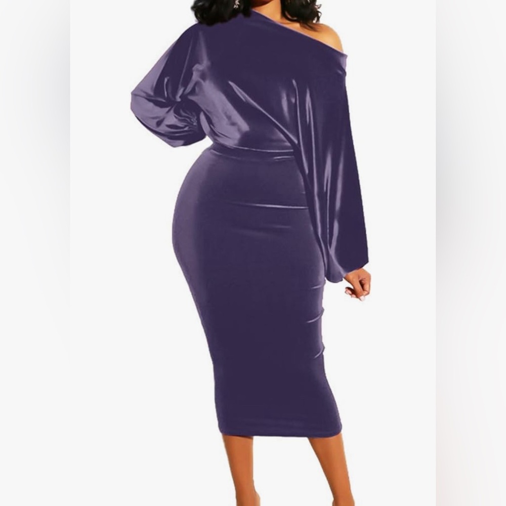 Lavender off the shoulder midi dress.